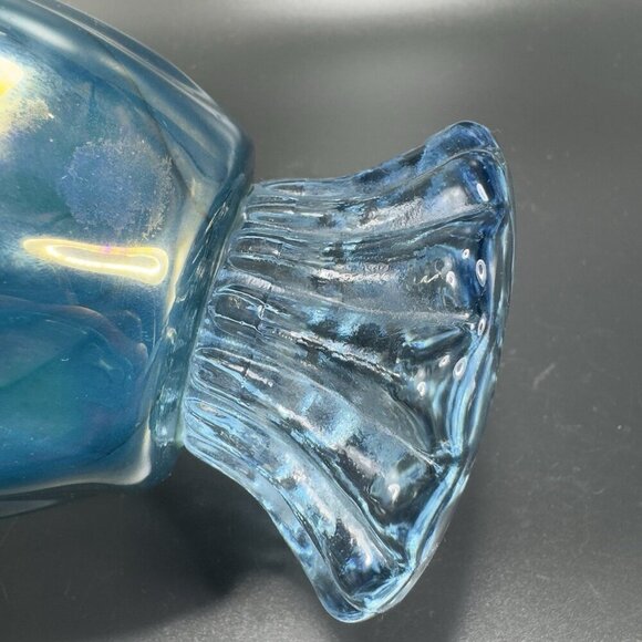1980s Art Glass Abstract Vase Bowl Centerpiece Teal Blue Iridescent Finish Glass - Picture 4 of 15